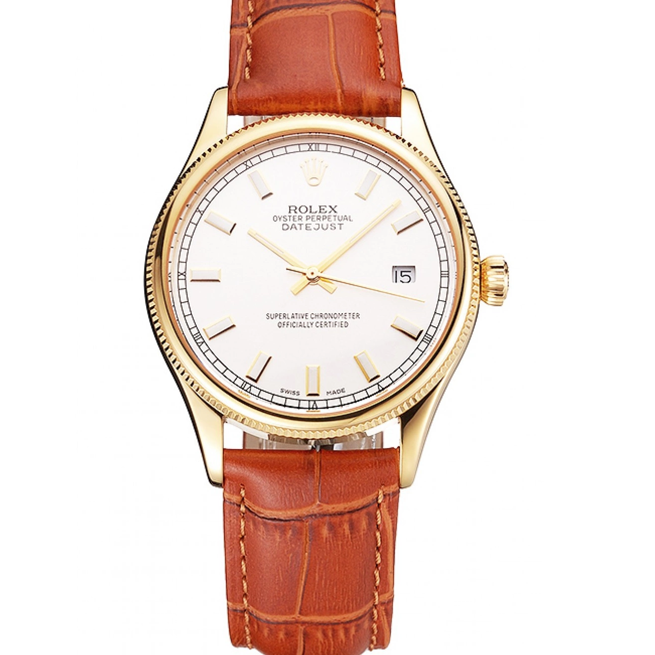 Aaa replica watch Brown Strap Rolex Leather Swiss Gold Datejust Dial Light White Case 0824